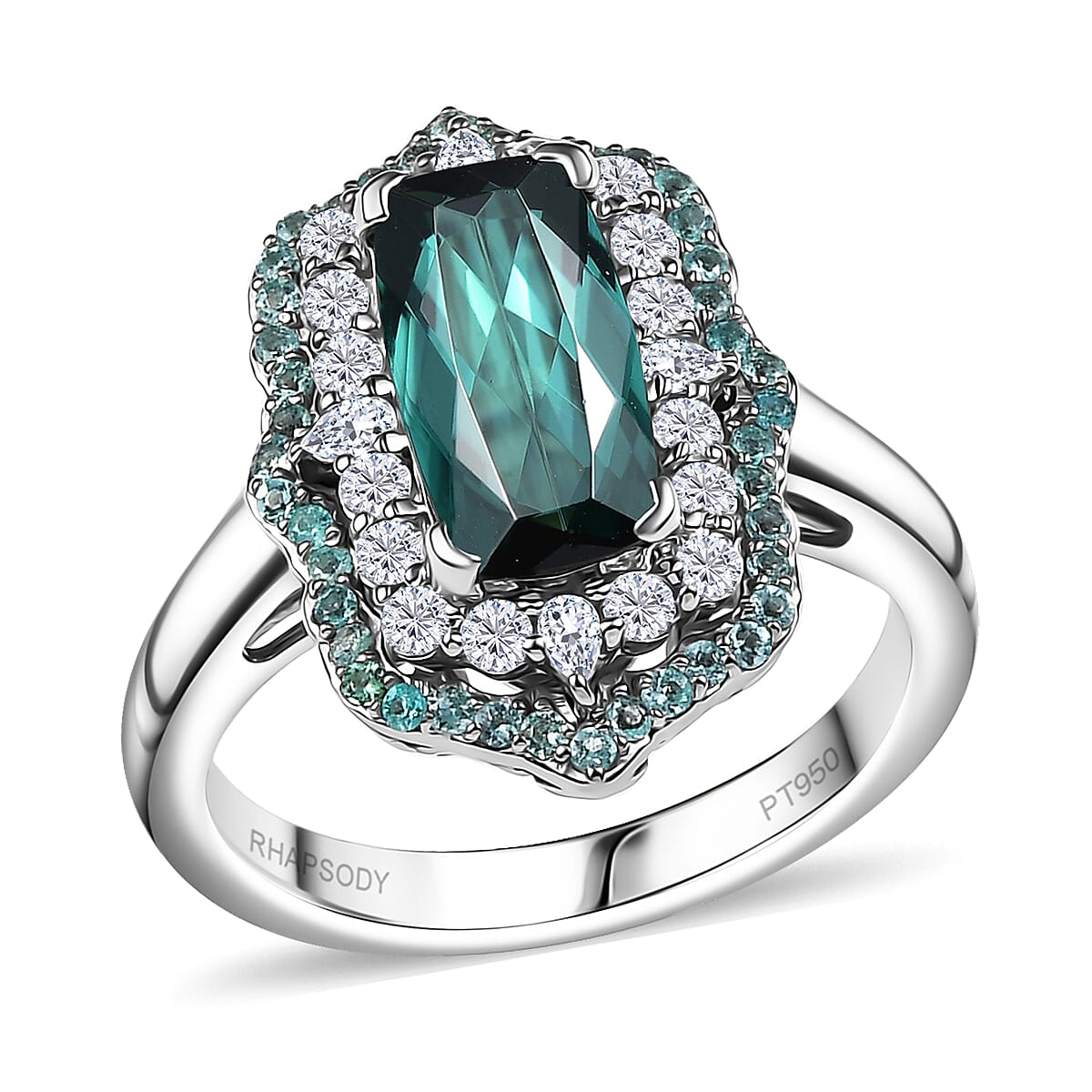 Rhapsody 950 Platinum AAAA Monte Belo Indicolite, Paraiba Tourmaline and Diamond (E-F, VS2) (0.64 cts) Ring (Size 10.0) (10.28 g) 3.50 ctw