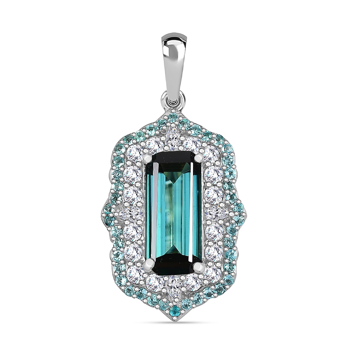 Certified & Appraised Rhapsody AAAA Monte Belo Indicolite, Paraiba Tourmaline and E-F VS2 Diamond 3.50 ctw Pendant in 950 Platinum