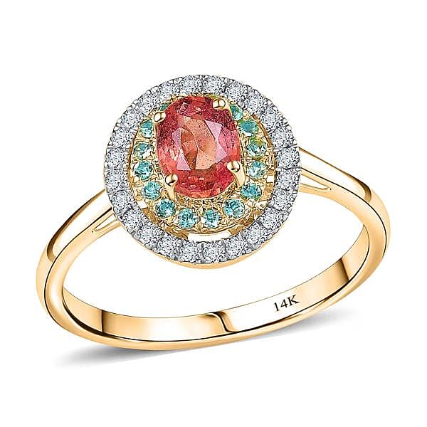 Certified & Appraised Luxoro 14K Yellow Gold AAAA Padparadscha Sapphire, Paraiba Tourmaline and Diamond (G-H, I2) (0.22 cts) Ring (Size 6.0) 1.60 ctw