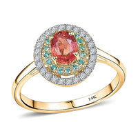 Certified & Appraised Luxoro 14K Yellow Gold AAAA Padparadscha Sapphire, Paraiba Tourmaline and Diamond (G-H, I2) (0.22 cts) Ring (Size 6.0) 1.60 ctw