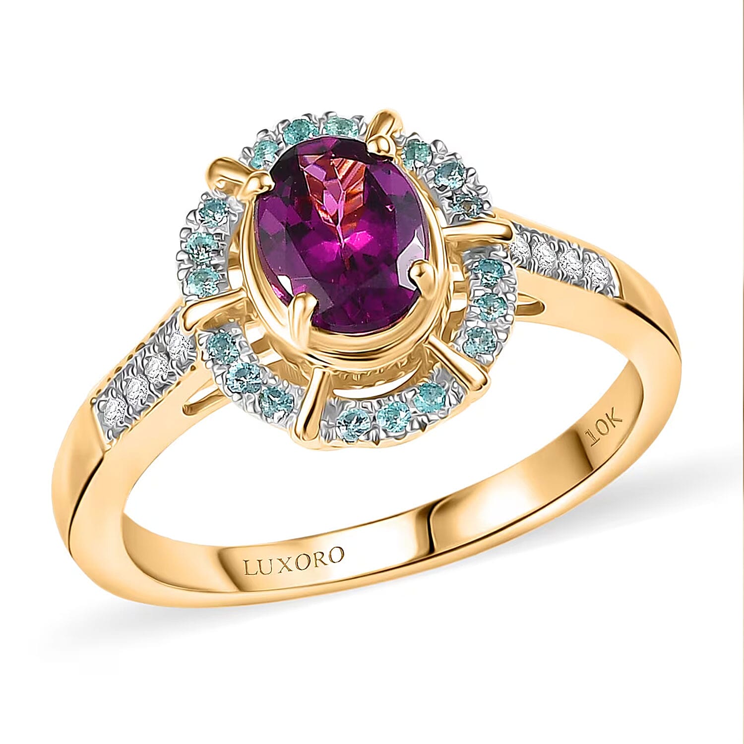 Certified & Appraised Luxoro 10K Yellow Gold AAA Radiant Ember Garnet, Paraiba Tourmaline and Diamond (G-H, I2) Ring (Size 10.0) (Del. in 10-12 Days) 1.75 ctw