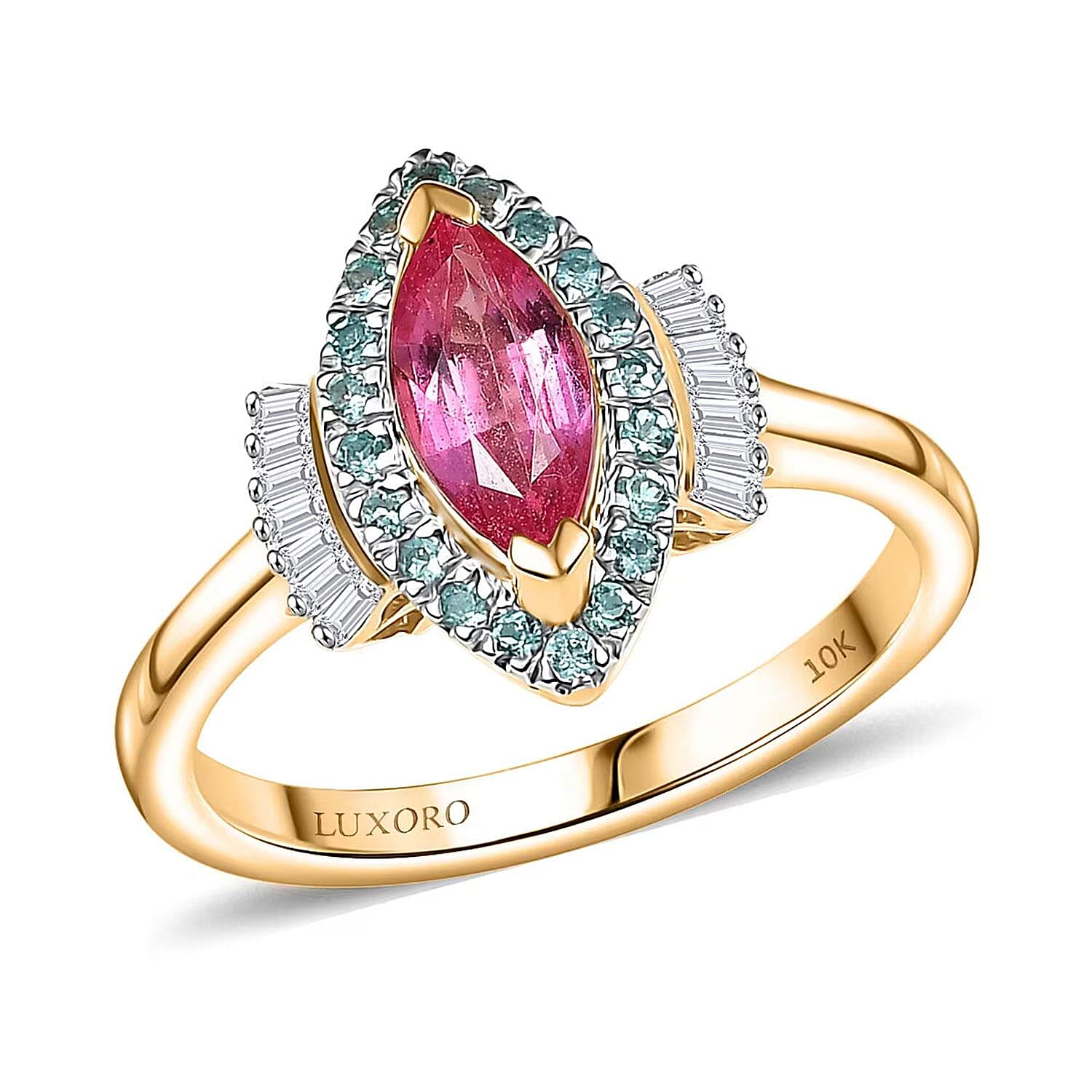 Certified & Appraised Luxoro 14K Yellow Gold AAAA Padparadscha Sapphire, Paraiba Tourmaline and Diamond (G-H, I2) (0.21 cts) Ring (Size 7.0) 1.55 ctw