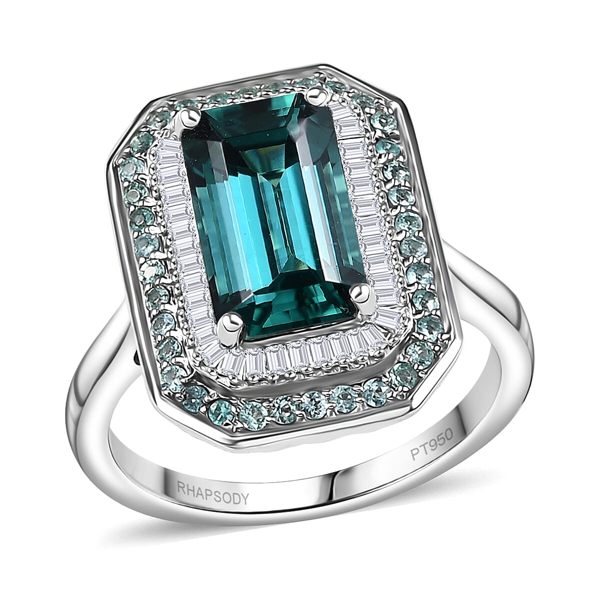 Certified & Appraised Rhapsody AAAA Pirineu Lagoon Tourmaline, Paraiba Tourmaline and E-F VS2 Diamond 5.31 ctw Ring in 950 Platinum (Size 7.0) 9.50 Grams