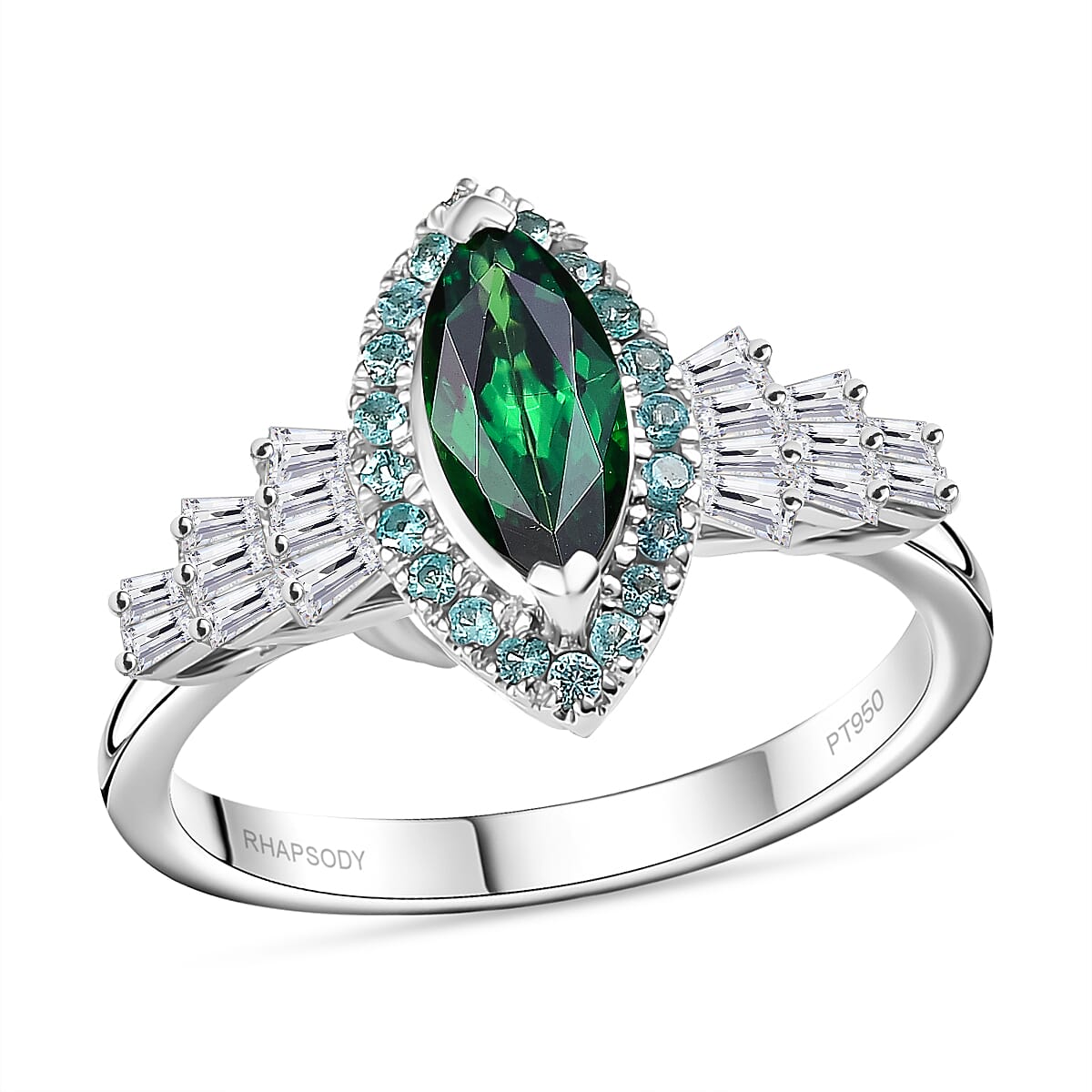 Certified & Appraised Rhapsody 950 Platinum AAAA Tsavorite Garnet, Paraiba Tourmaline and Diamond (E-F, VS2) (0.31 cts) Ring (Size 7.0) 1.50 ctw