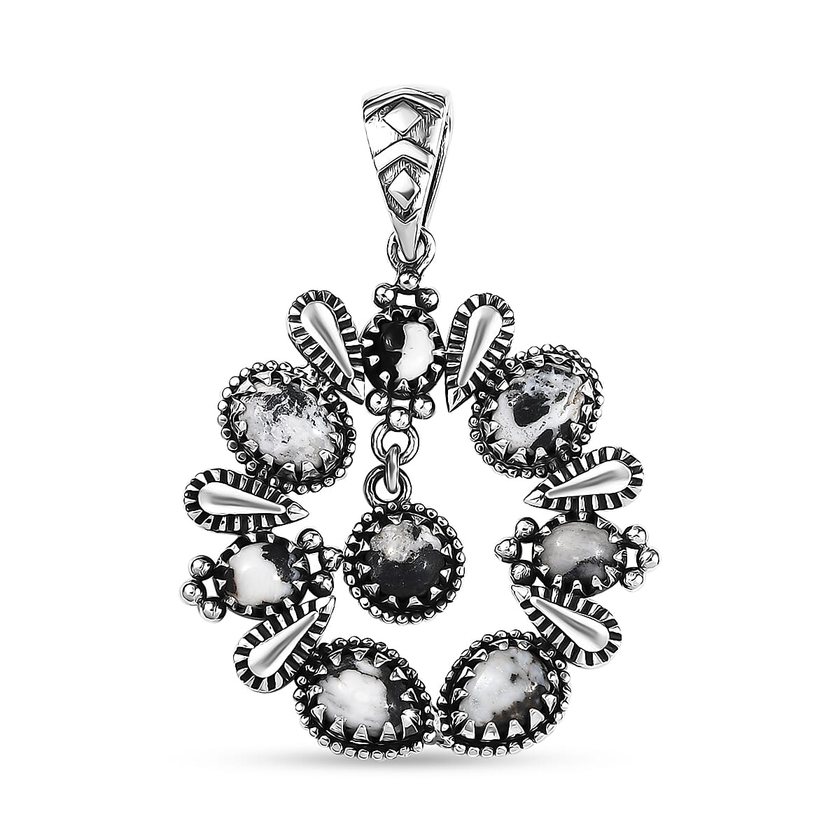D'Joy Artisan Crafted White Buffalo 5.10 ctw Squash Blossom Pendant without Chain in Sterling Silver