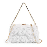 White 3D Flower Crystal Evening Clutch Bag (8.27"x4.92") with Shoulder Chain Strap