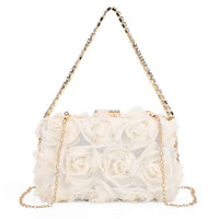 White 3D Flower Crystal Evening Clutch Bag (8.27"x4.92") with Shoulder Chain Strap