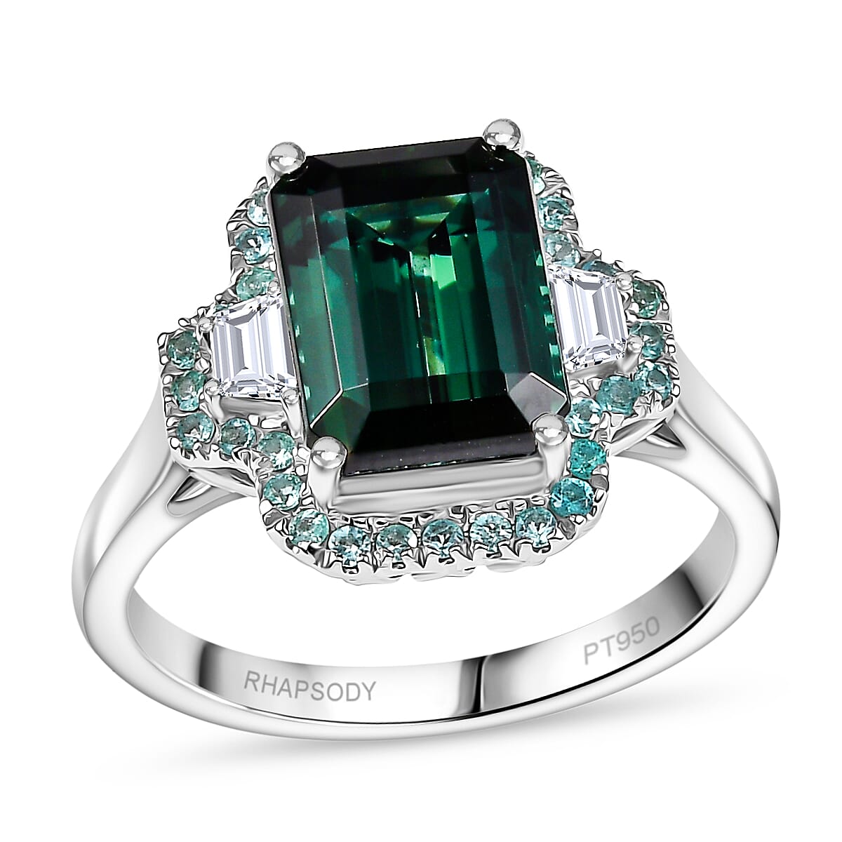Certified & Appraised Rhapsody AAAA Pirineu Lagoon Tourmaline, Paraiba Tourmaline and E-F VS2 Diamond 5.25 ctw Halo Ring in 950 Platinum (Size 10.0) (Del. in 10-12 Days)
