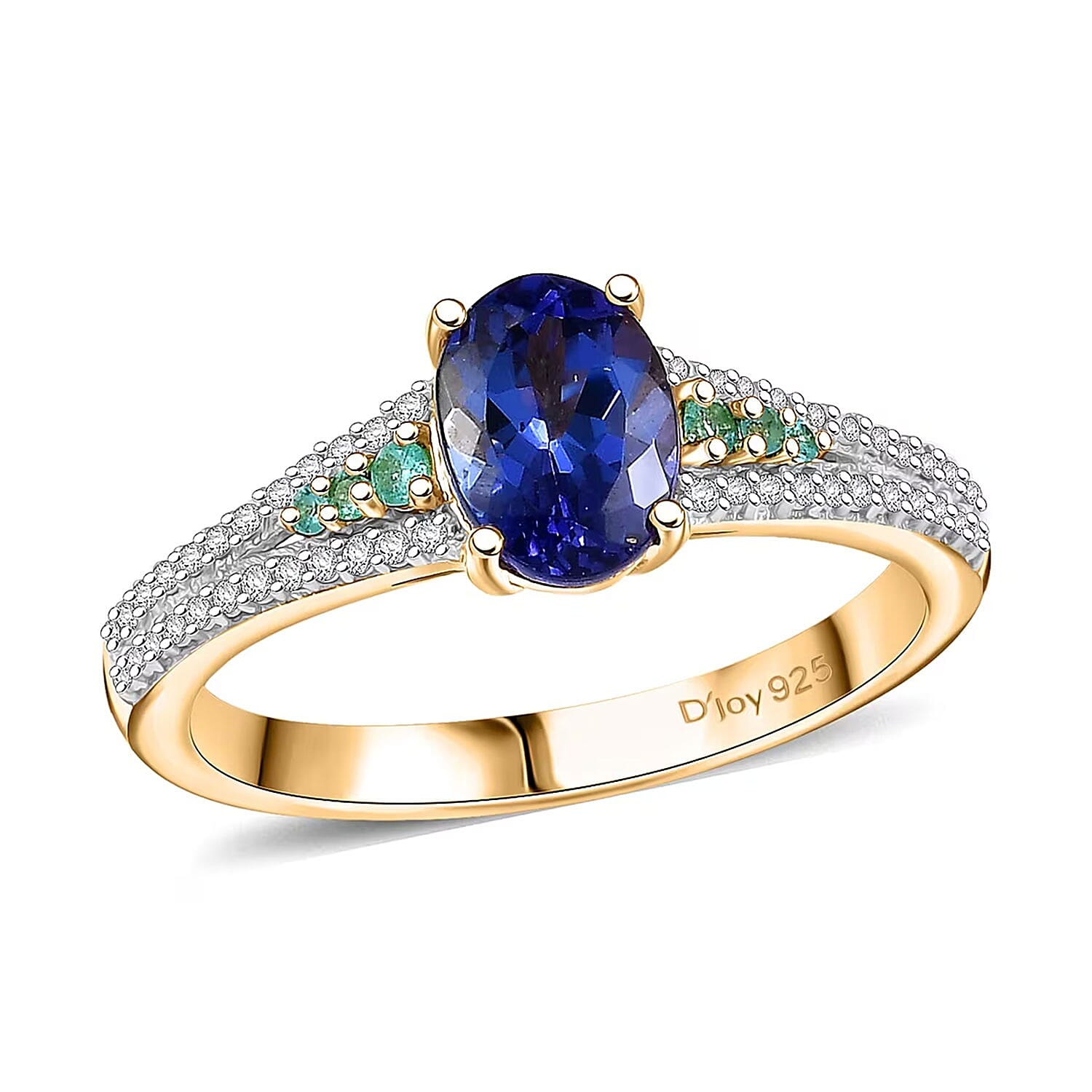 Premium Tanzanite, AAA Paraiba Tourmaline and Diamond 1.30 ctw Ring in 18K Vermeil Yellow Gold Over Sterling Silver (Size 10.0)