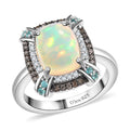 Premium Ethiopian Welo Opal, Paraiba Tourmaline, Natural Chamapage and White Diamond (0.28cts) Ring in Rhodium Over Sterling Silver (Size 10.0) 2.20 ctw - Sticky add to cart bar