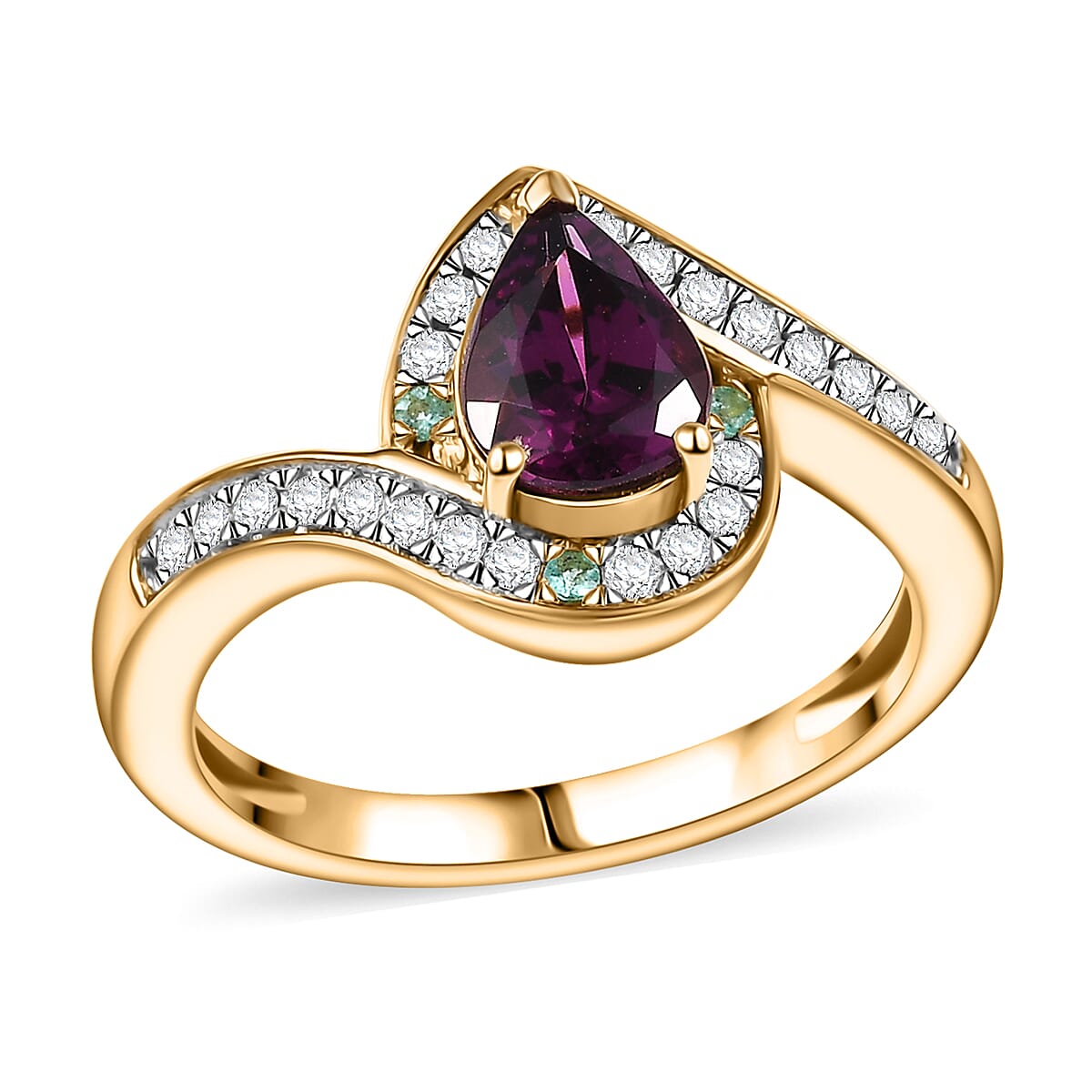 AAA Radiant Ember Garnet, AAA Paraiba Tourmaline and Diamond 1.70 ctw Dewdrop Ring in 18K Vermeil Yellow Gold Over Sterling Silver