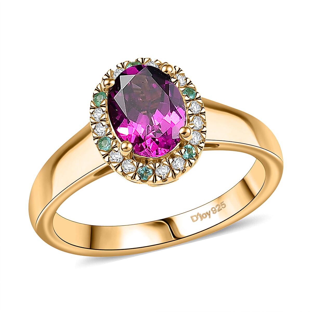 AAA Radiant Ember Garnet, AAA Paraiba Tourmaline and Diamond 1.80 ctw Dewdrop Ring in 18K Vermeil Yellow Gold Over Sterling Silver