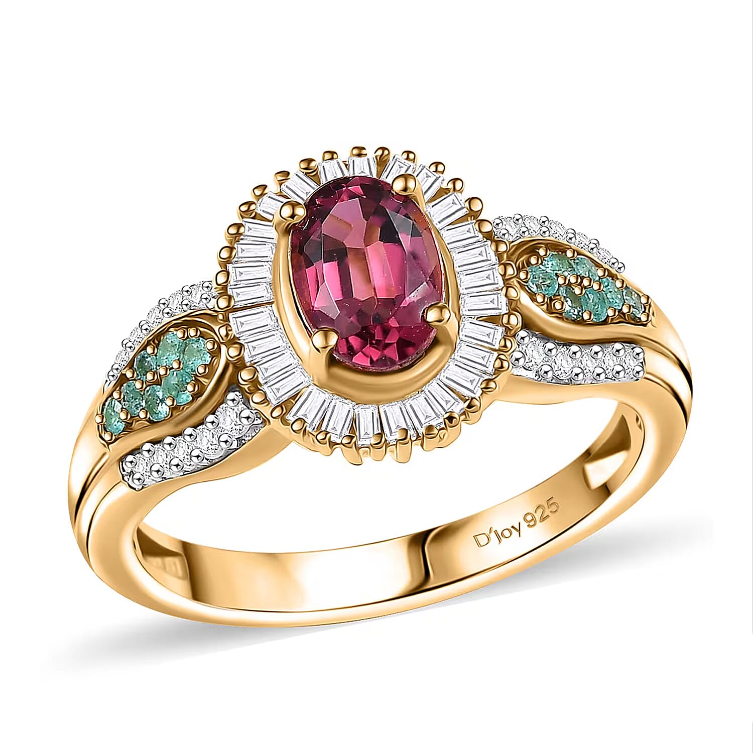 Rubellite ,  Paraiba Tourmaline ,  White Diamond  Main Stone With Side Stone Ring in 18K YG VermeilSterling Silver 1.18 ctw