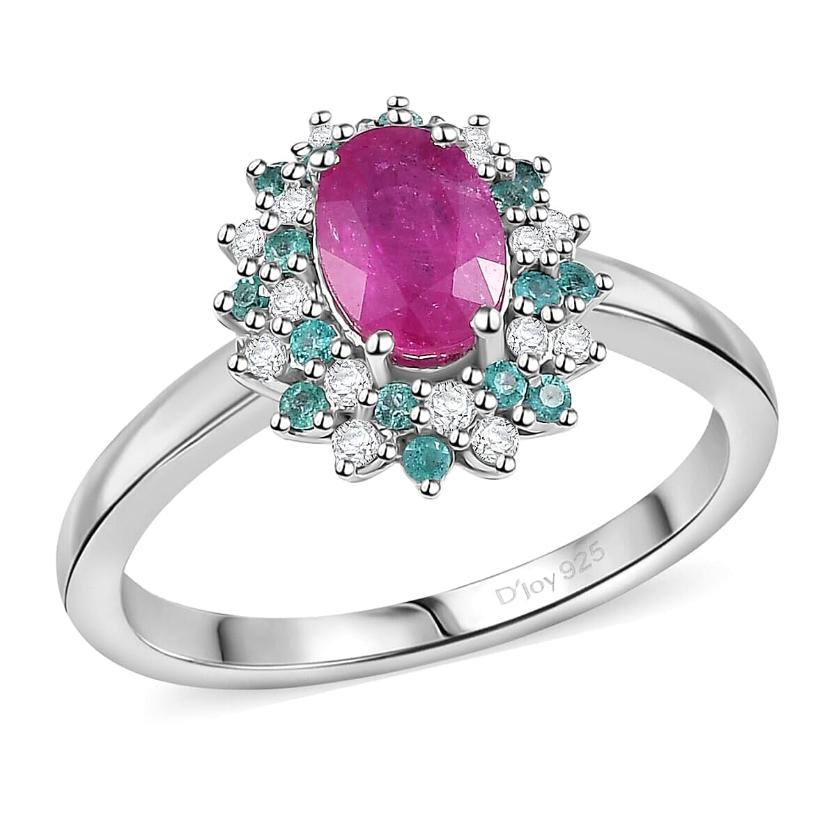 Mozambique Ruby, Paraiba Tourmaline and Diamond (0.16 cts) Ring in Rhodium Over Sterling Silver (Size 10.0) 2.75 ctw