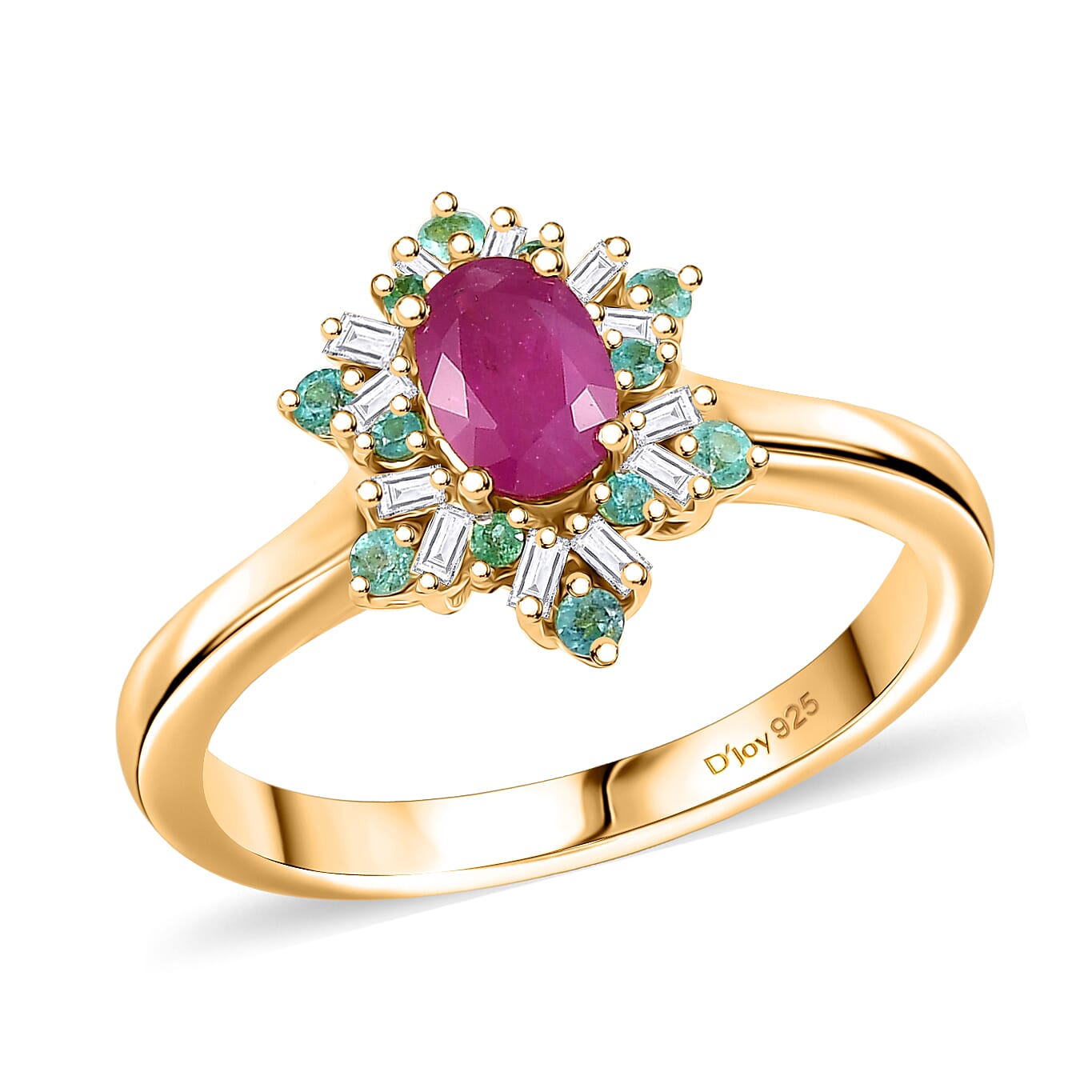 Premiem Taveta Ruby, Paraiba Tourmaline and Diamond (I3) (0.11 cts) Ring in 18K Vermeil YG Over Sterling Silver (Size 10.0) 0.85 ctw