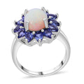 Premium Ethiopian Welo Opal and Tanzanite 3.20 ctw Floral Ring in Rhodium Over Sterling Silver (Size 10.0) - Sticky add to cart bar