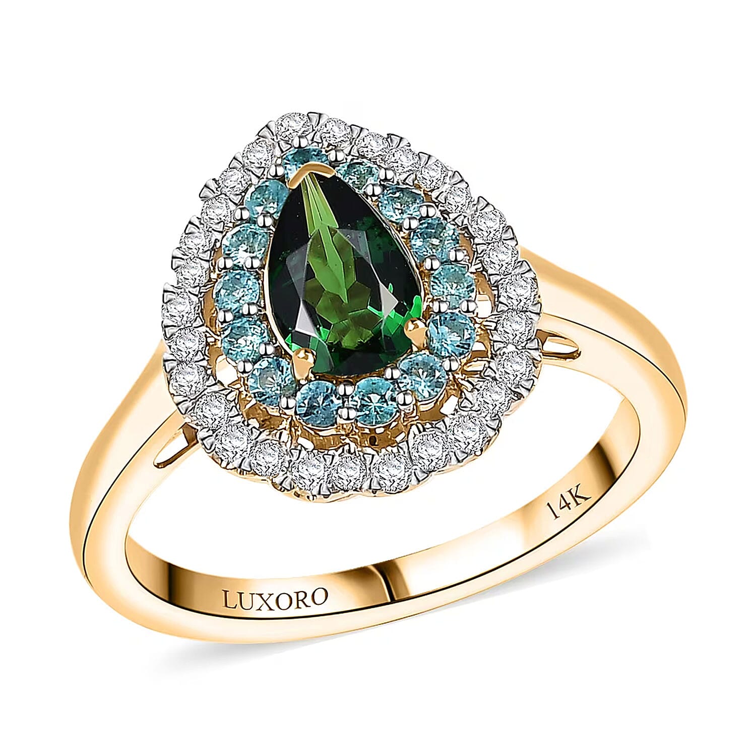 Luxoro 14K Yellow Gold AAA Tsavorite Garnet, AAAA Paraiba Tourmaline and Diamond  (E-F, I2) (0.31) Ring (Size 10.0) 1.76 ctw
