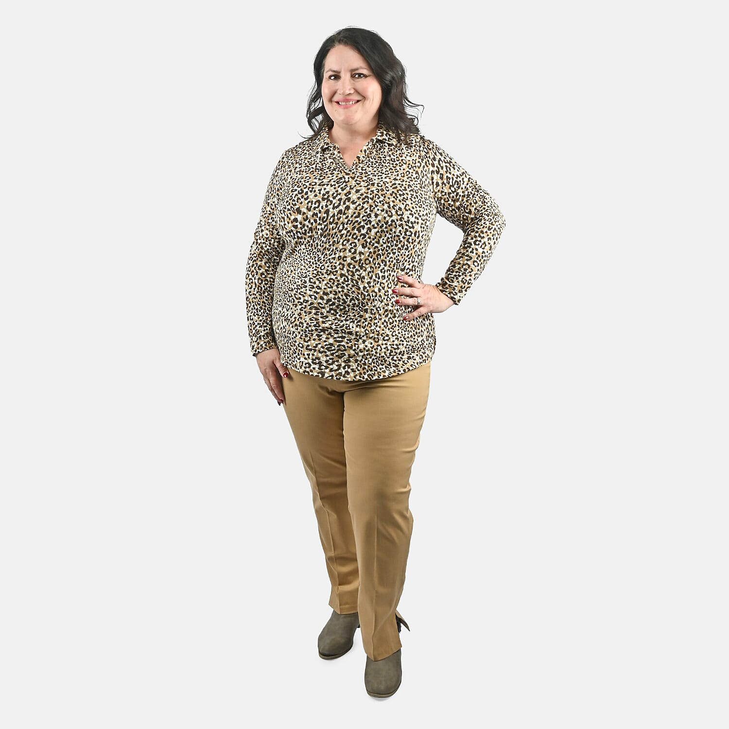 Isaac Mizrahi Natural Leopard Split-Neck Collared Top - 1X