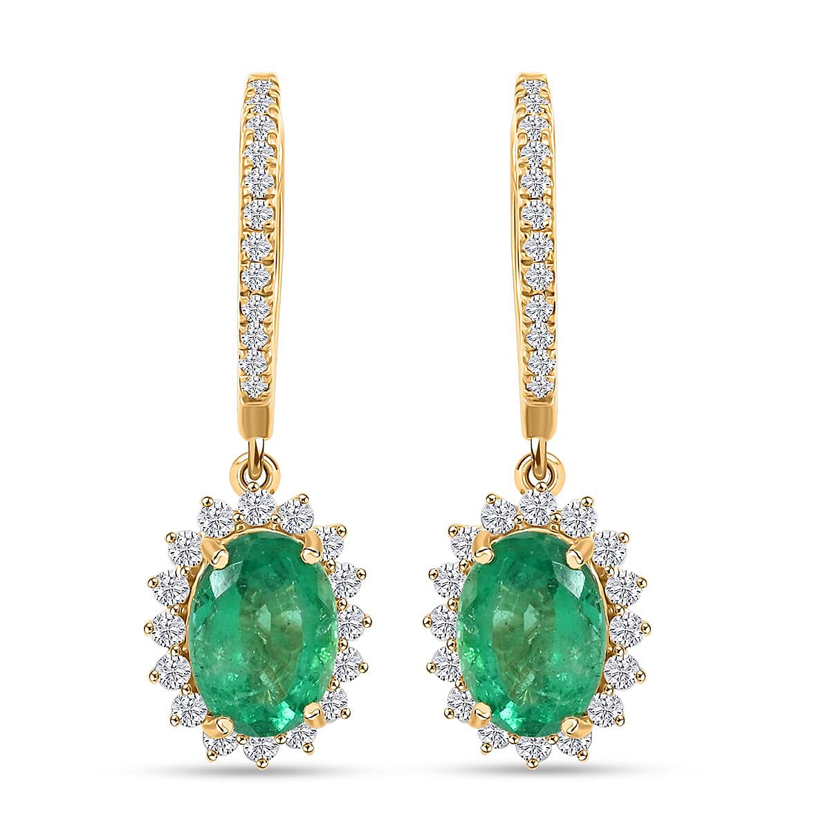 Certified Luxoro AAA Zambian Emerald, Diamond Earrings in 14K Yellow Gold 2.00 ctw