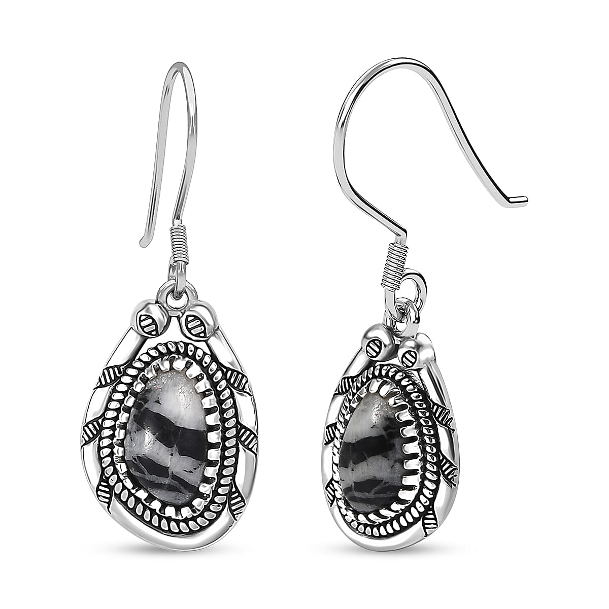 D'Joy Artisan Crafted White Buffalo 2.90 ctw Howdy Earrings in Black Oxidied Sterling Silver
