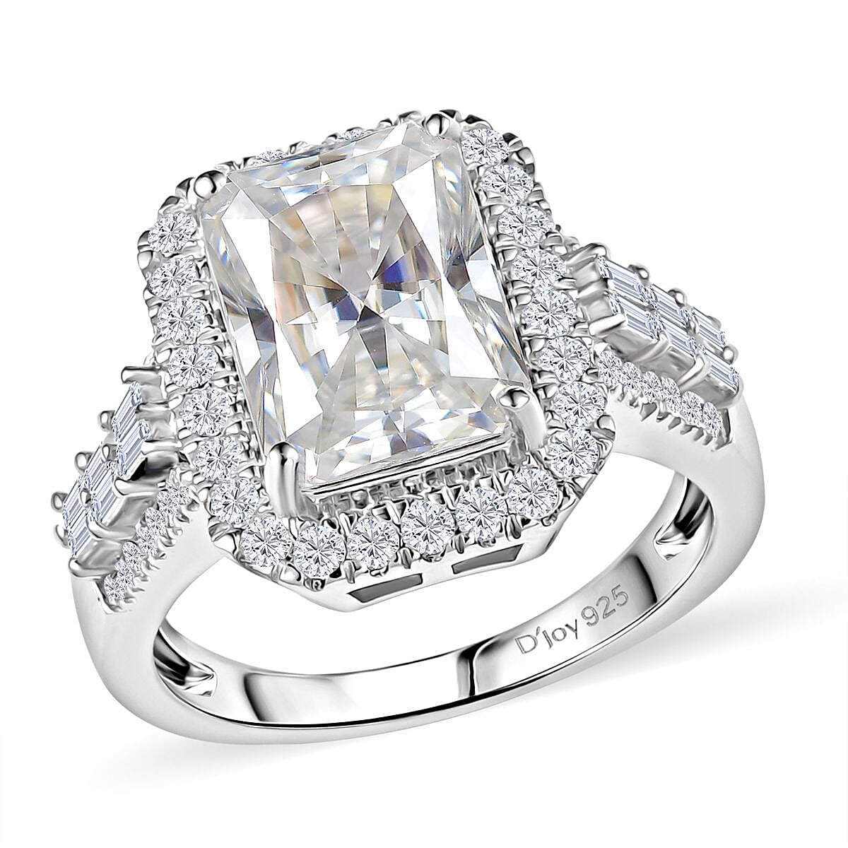 Radiant Cut Moissanite (Oct 11x8mm) Ring in Rhodium Over Sterling Silver (Size 10.0) 4.90 ctw