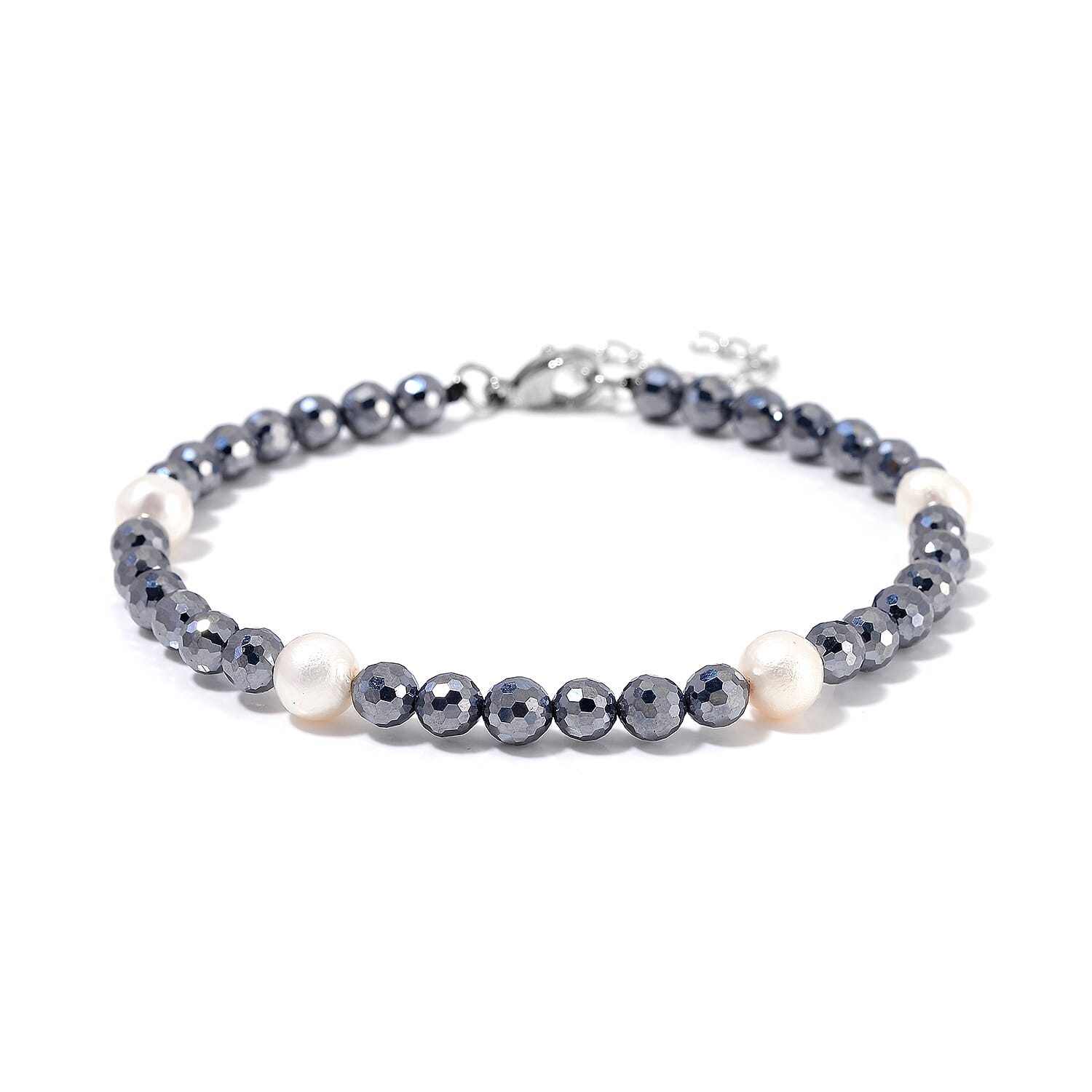 Freshwater Pearl and Terahertz 30.00 ctw Anklet in Stainless Steel (9.5-11.5In)