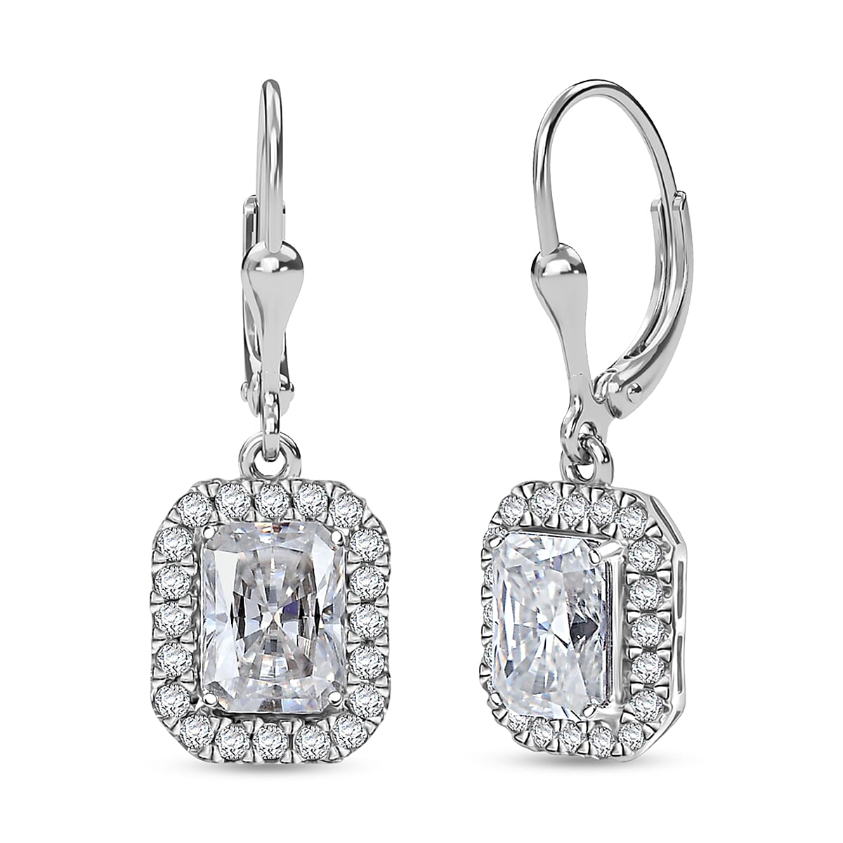 D'Joy Radiant Cut Moissanite 4.00 ctw Art Deco Earrings in Rhodium Over Sterling Silver
