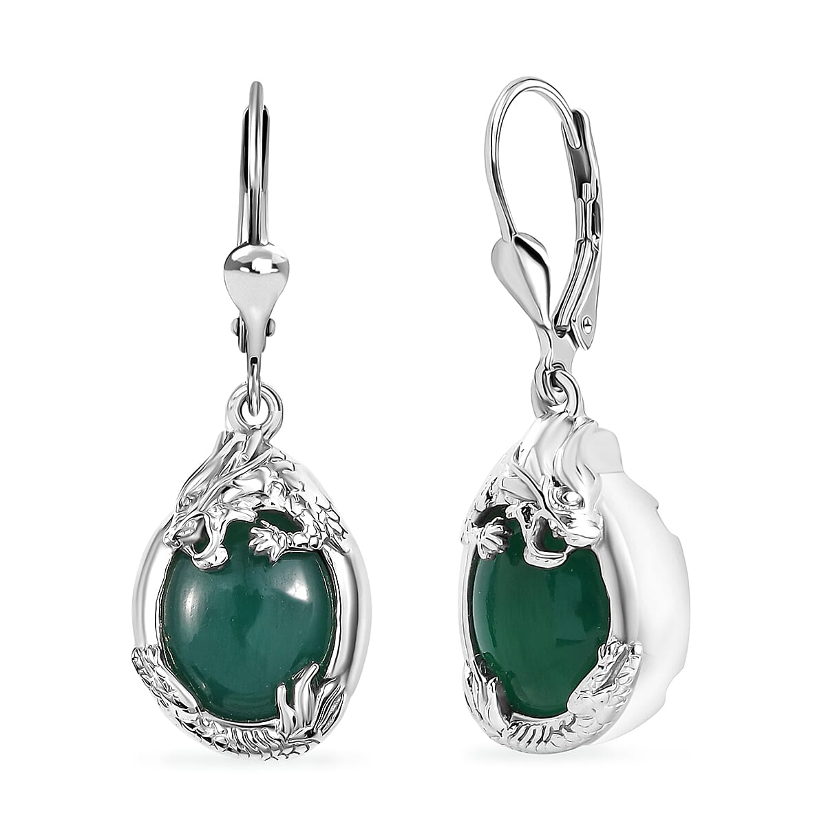 D'Joy Verde Onyx 10.00 ctw Dragon Lever Back Earrings in Rhodium Over Sterling Silver