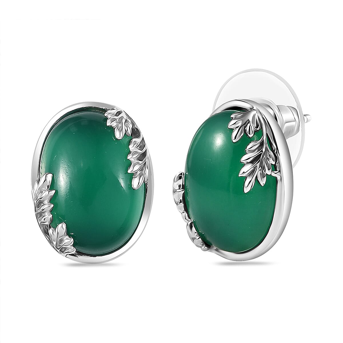 Karis Verde Onyx 11.90 ctw Flower and Leaves Stud Earrings in Platinum Bond