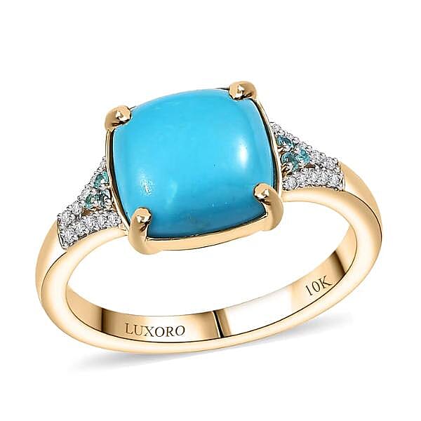 Certified & Appraised Luxoro AAA Sleeping Beauty Turquoise, AAAA Paraiba Tourmaline and Diamond E-F I2 3.17 ctw Ring in 10K Yellow Gold (Size 10.0) (Del. in 10-12 Days)