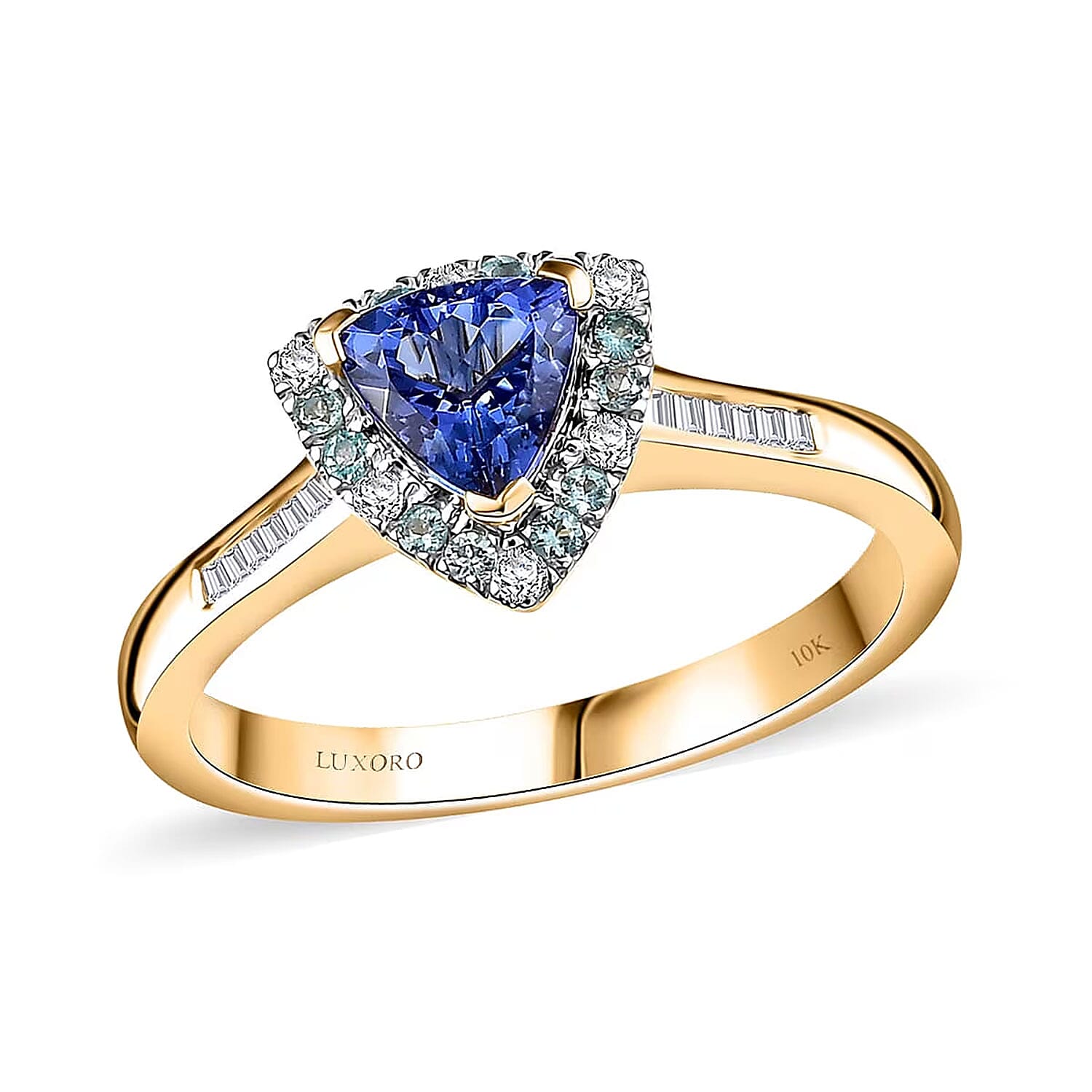 Certified & Appraised Luxoro AAA Tanzanite, AAAA Paraiba Tourmaline and E-F I2 Diamond 1.10 ctw Ring in 10K Yellow Gold (Size 10.0)