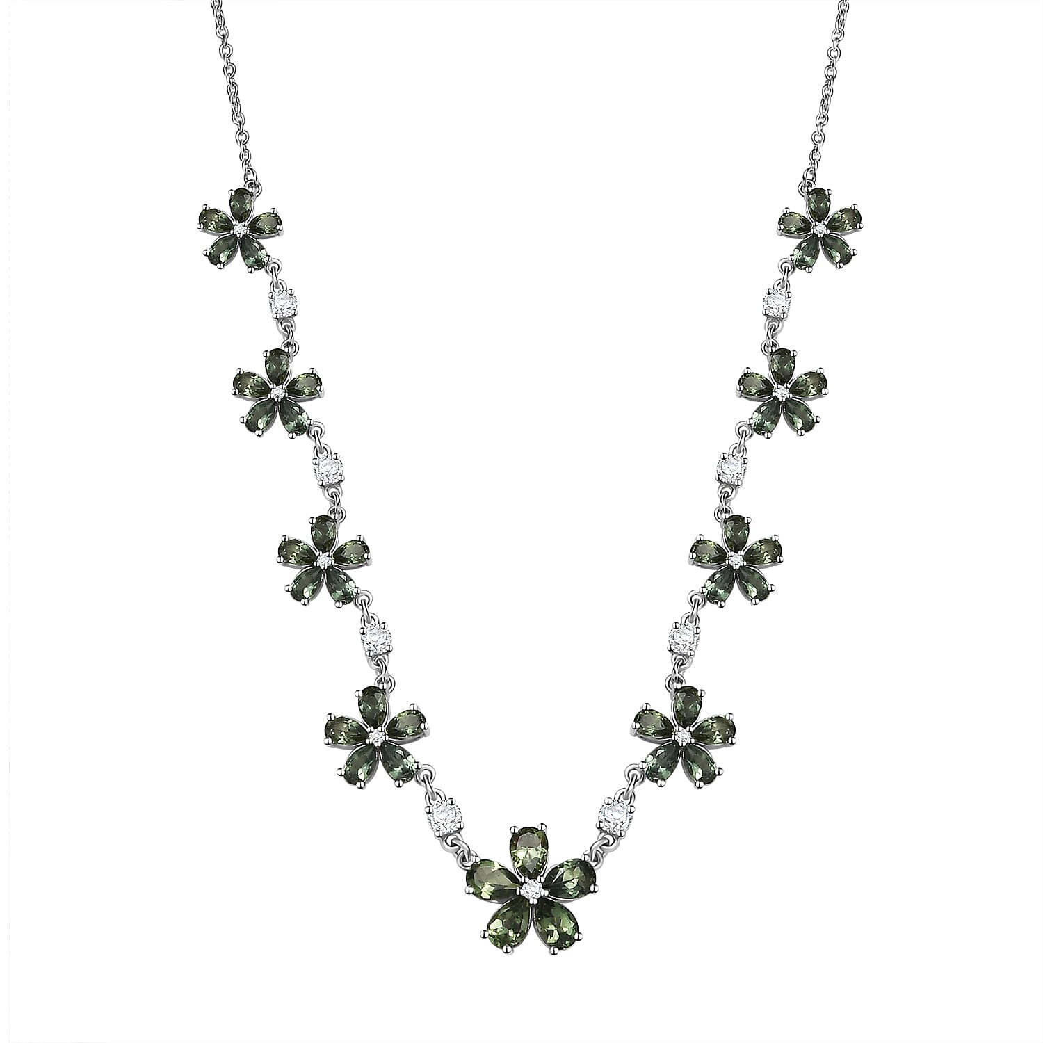 D'Joy Premium Malagasy Pine Apatite and White Zircon 11.35 ctw Floral Canopy Necklace in Rhodium Over Sterling Silver 18 Inches