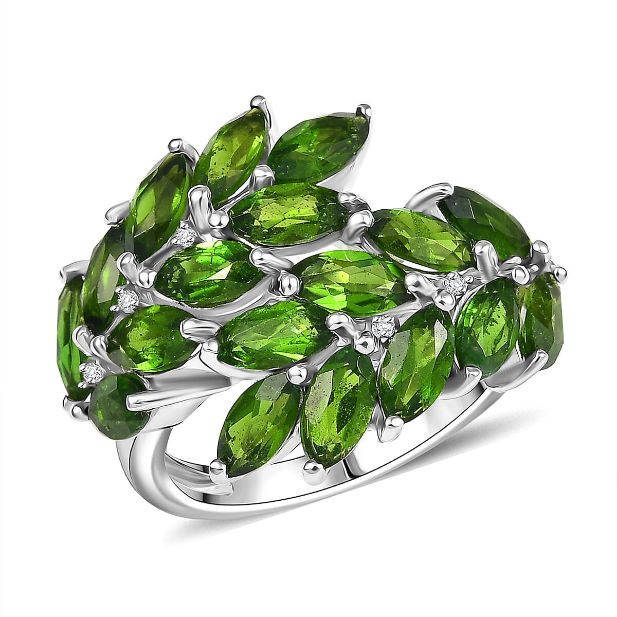 Chrome Diopside and White Zircon 5.15 ctw Ring in Rhodium Over Sterling Silver