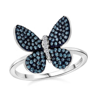 Venice Blue Diamond I1-I2 and White Diamond 0.50 ctw Butterfly Ring in Rhodium Over Sterling Silver