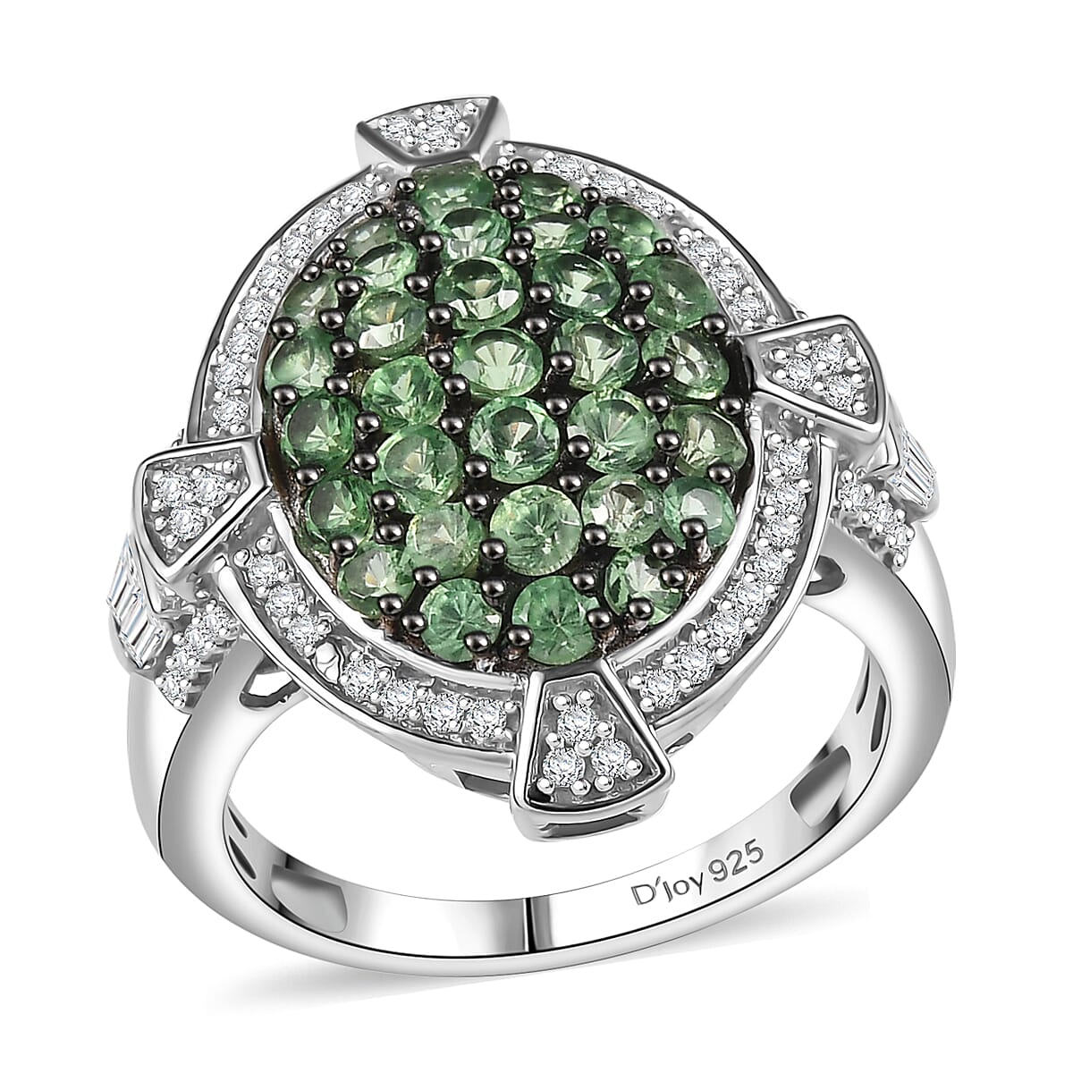 D'Joy Premium Tsavorite Garnet and White Zircon 2.40 ctw Art Deco Ring in Rhodium Over Sterling Silver