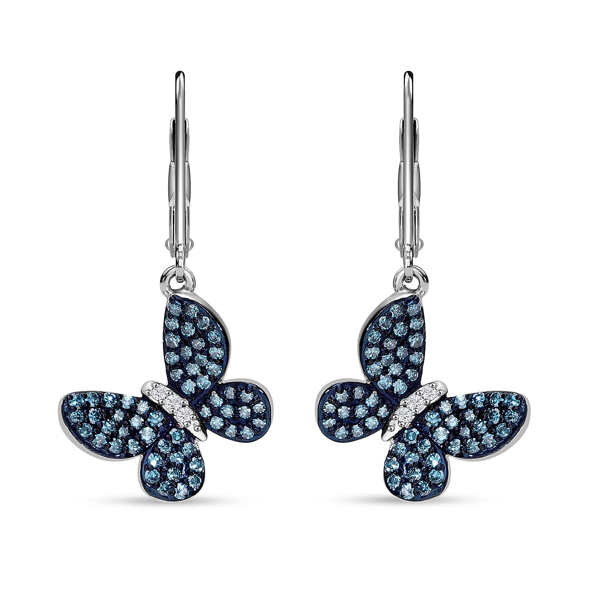 Venice Blue Diamond I1-I2 and Diamond 0.50 ctw Butterfly Earrings in Rhodium Over Sterling Silver