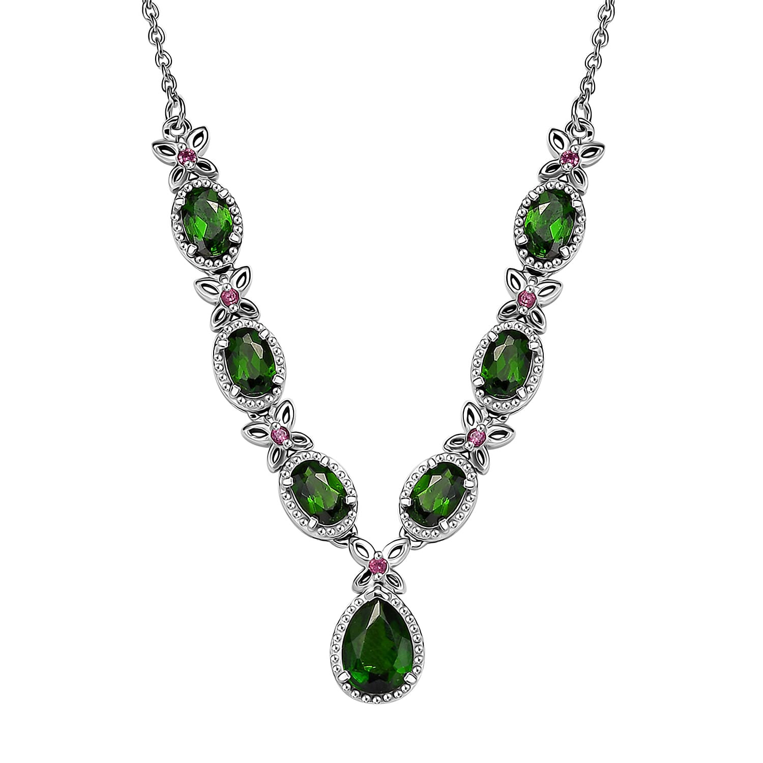 D'Joy Chrome Diopside and Orissa Rhodolite Garnet 4.20 ctw Butterfly Necklace in Rhodium Over Sterling Silver 18 Inches