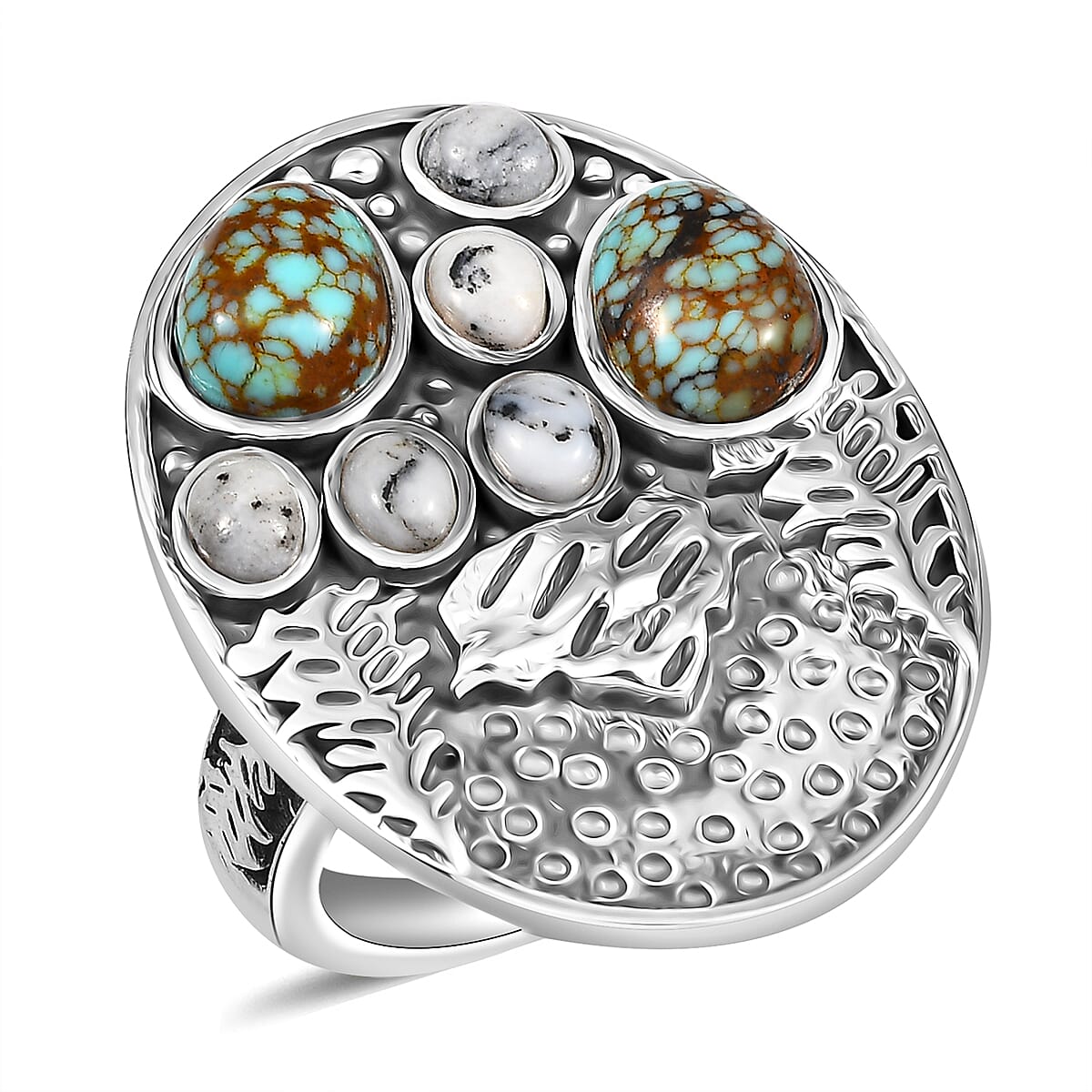 D'Joy Artisan Crafted White Buffalo, Blue Moon Turquoise Ring in Black Oxidized Sterling Silver (Size 10.0) 3.40 ctw