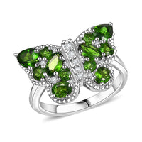 Chrome Diopside and White Zircon 2.25 ctw Butterfly Ring in Rhodium Over Sterling Silver