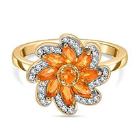 Fire Opal and White Zircon 1.14 ctw Cluster Ring in 14K Yellow Gold Over Sterling Silver (Size 9.0)
