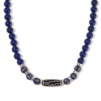 Nine Eyed Agate Dzi Beads and Lapis Lazuli 305 ctw Necklace 18-20 Inches in Silvertone