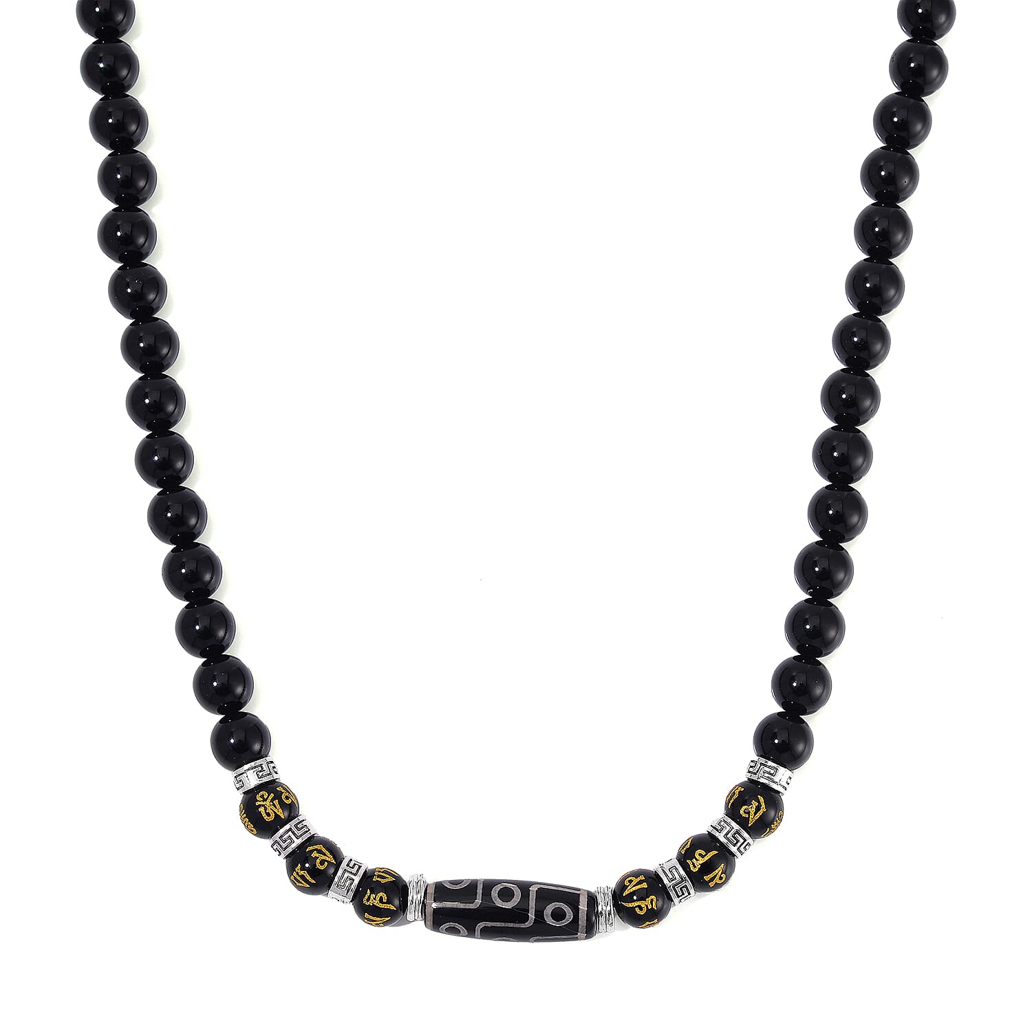 Nine Eyed Agate Dzi Beads and Black Obsidian 305 ctw Necklace 18-20 Inches in Silvertone
