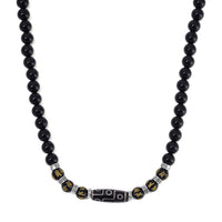 Nine Eyed Agate Dzi Beads and Black Obsidian 305 ctw Necklace 18-20 Inches in Silvertone