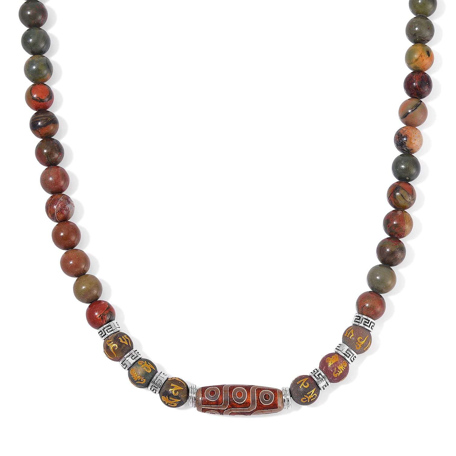 Nine Eyed Agate Dzi Beads and Picasso Jasper 305 ctw Necklace 18-20 Inches in Silvertone