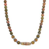 Nine Eyed Agate Dzi Beads, Unakite Necklace (18-20 Inches) in Silvertone 305.00 ctw