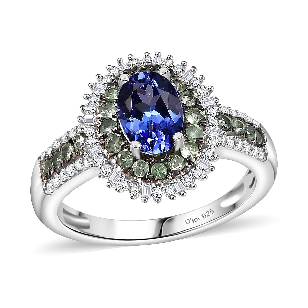 AAA Tanzanite, Tsavorite Garnet and Diamond 1.75 ctw Ring in Rhodium Over Sterling Silver
