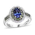 AAA Tanzanite, Tsavorite Garnet and Diamond 1.75 ctw Ring in Rhodium Over Sterling Silver - Sticky add to cart bar