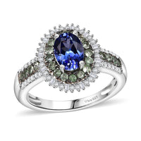 AAA Tanzanite, Tsavorite Garnet and Diamond 1.75 ctw Ring in Rhodium Over Sterling Silver