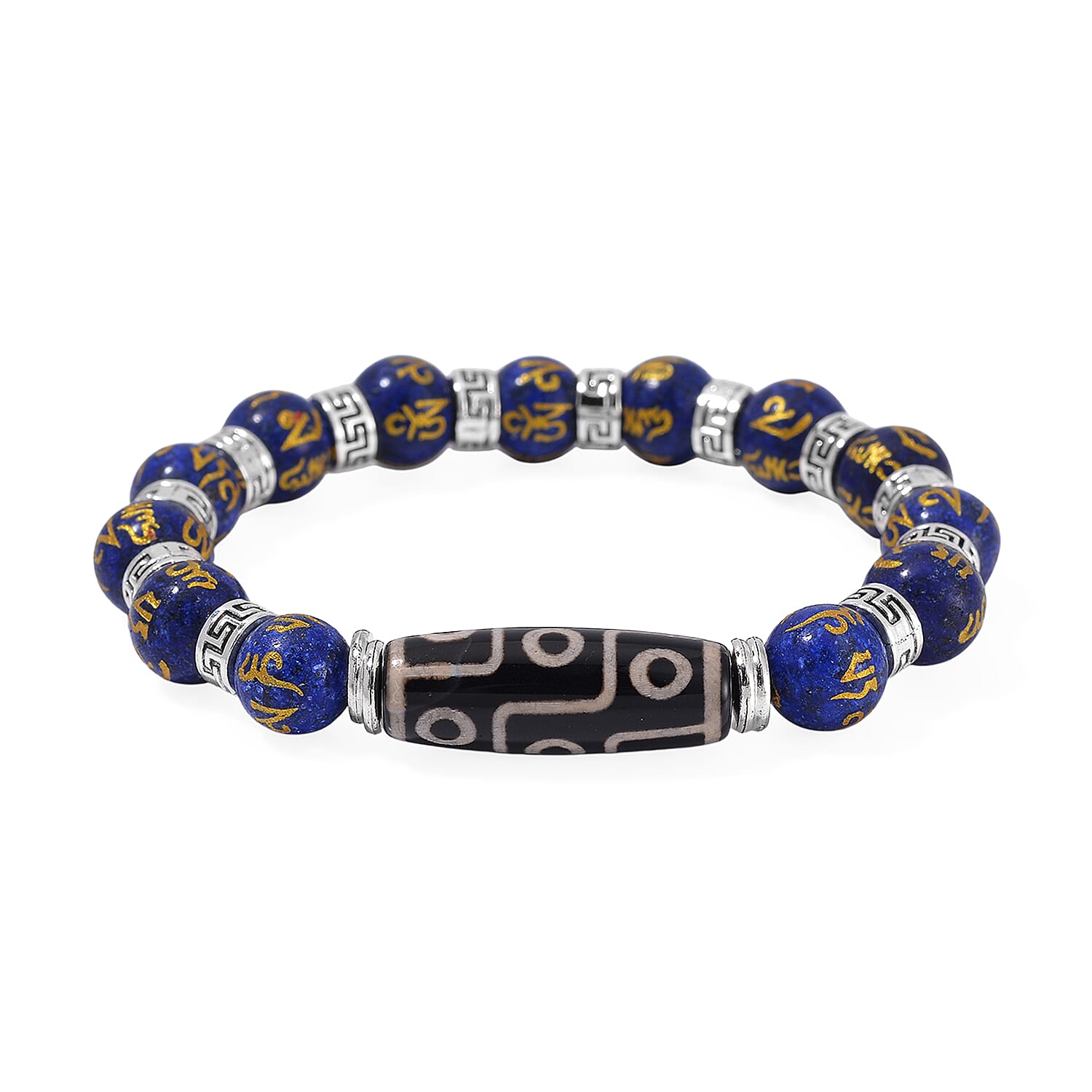 Nine Eyed Agate Dzi Beads and Lapis Lazuli 135 ctw Feng Shui Beaded Stretch Bracelet in Silvertone
