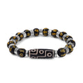 Nine Eyed Agate Dzi Beads and Black Obsidian 135 ctw Feng Shui Beaded Stretch Bracelet in Silvertone - Sticky add to cart bar